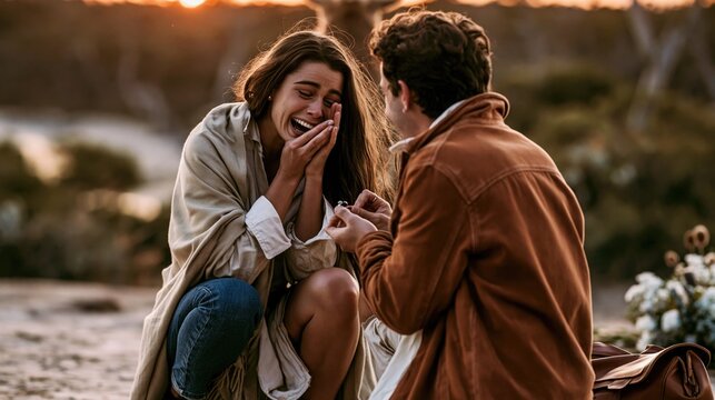 Romantic Proposal at Sunset with Emotional Surprises and Love