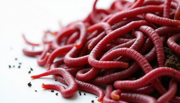 red worms in fishing bait tray with live wriggling red worms and moist substrate, close-up showing segmented bodies, bristles and natural sheen, ideal for aquarium feeding, angling bait,