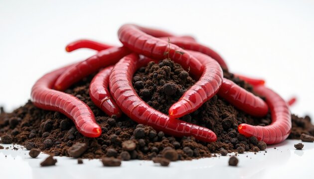 Red worms on rich compost soil with granular potting mix and moist earth, red worms arranged in pile for bait and vermicompost sampling,