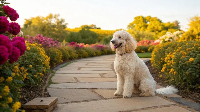 Cheerful cream white Poodle sitting gracefully in a bright professional pet portrait setting.