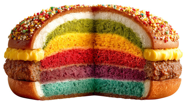 Cross section of burger reveals rainbow layered cake inside, replacing usual meat and vegetables. vibrant layers are topped with colorful sprinkles, creating whimsical and surprising, isolated