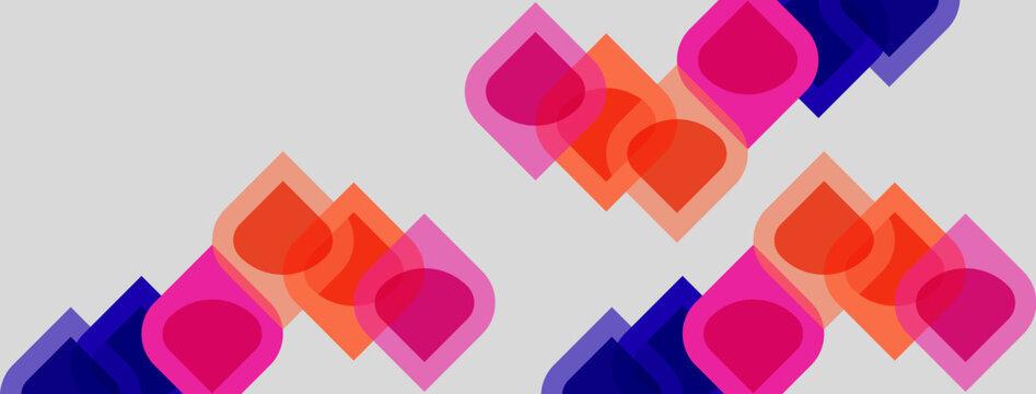 Abstract pattern features overlapping rounded squares. Colors include pink, purple, orange, navy. Background is light gray. Simple geometric design.