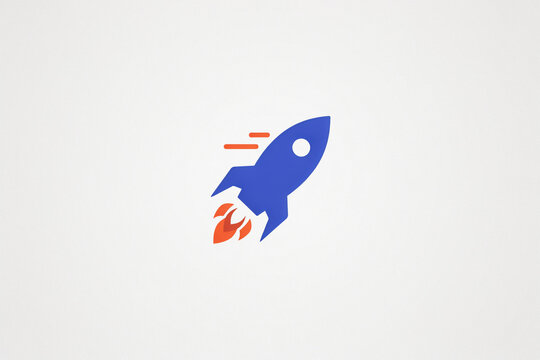 A stylized blue rocket with bright orange flames underneath its base and two parallel red lines above its body creating a simple graphic representation of upward speed and quick forward motion