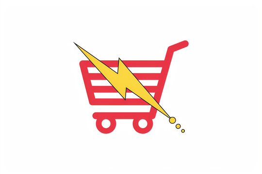 A red shopping cart icon with a yellow lightning bolt striking across it represents concepts of speed efficiency rapid transactions and quick service in digital e commerce platforms