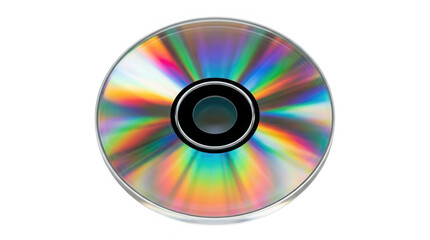 Płyta kompaktowa CD lub DVD z kolorowymi refleksami świetlnymi na powierzchni, odizolowana na białym tle, widok z góry, idealna do projektów technologicznych i multimedialnych.