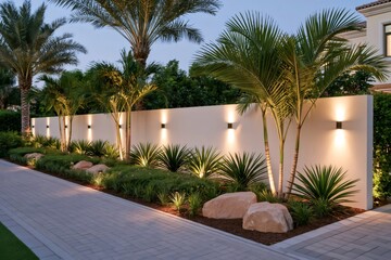 Fototapeta premium Modern garden landscape design featuring wall lighting and palm trees