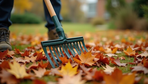 raking leaves with garden rake on grassy lawn among colorful maple and oak autumn leaves, raking leaves showing person in boots gathering fallen foliage with rake tines,