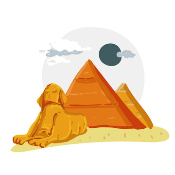 Hand drawn vector illustration of Great Sphinx and Pyramids of Giza in Egypt desert