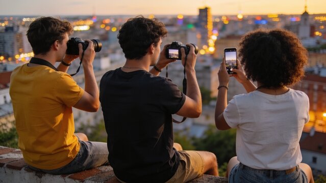 Group of Young Friends Taking Photos of City Sunset Skyline View with Cameras and Smartphone