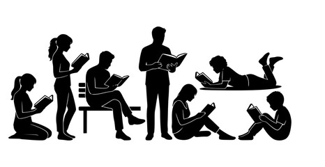 Obraz premium People reading books black silhouette vector illustration isolated on white background