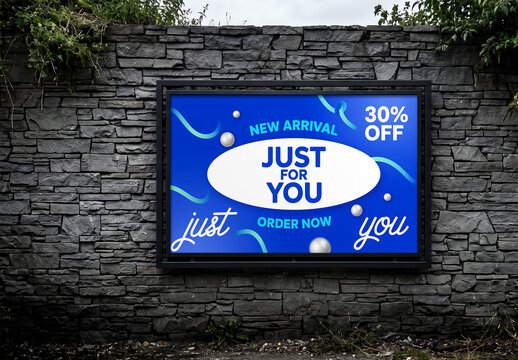 Horizontal Billboard Mockup Mounted on Outdoor Stone Wall
