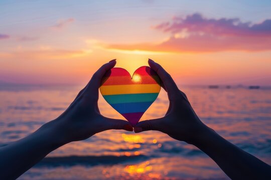 Colorful decorative heart in strong human hands on bright color
