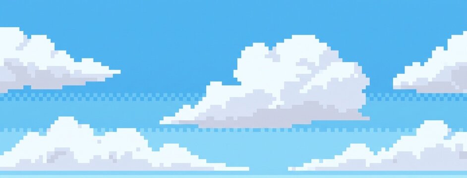 Pixel Art White Clouds in Blue Sky Retro Game Background