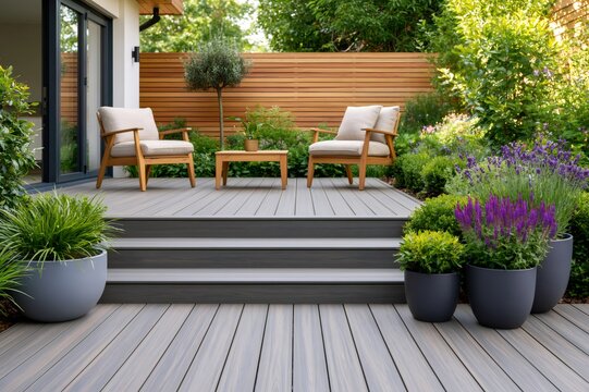 Modern composite decking patio with outdoor furniture and lush garden