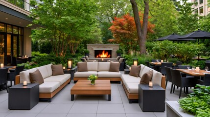Fototapeta premium Upscale outdoor patio lounge with fireplace and dining