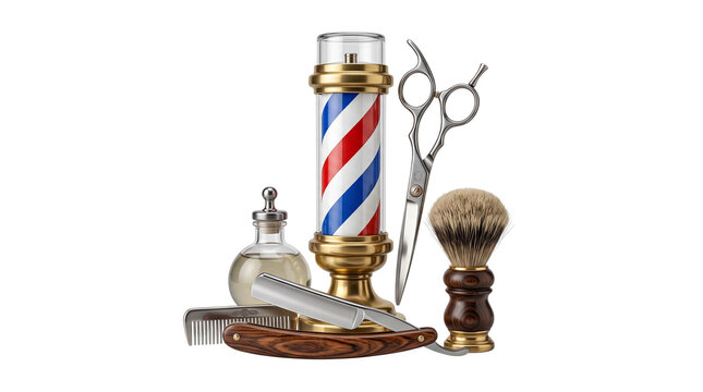 Vintage barbershop tools collection, professional barber equipment set with pole and scissors, classic grooming accessories for hair salon isolated PNG with Transparent Background