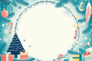 Obraz premium Christmas and new year circular frame with dreamcatcher design, holiday tree, and wrapped gift boxes