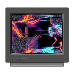 Stary telewizor kineskopowy z kolorowym efektem zakłóceń cyfrowych i szumem na ekranie, na białym tle, reprezentujący styl retro i awarię sygnału wideo w technologii analogowej.