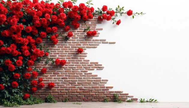 red roses wall with climbing scarlet blooms spilling over exposed brick into clean white plaster, red roses wall showing textured masonry,
