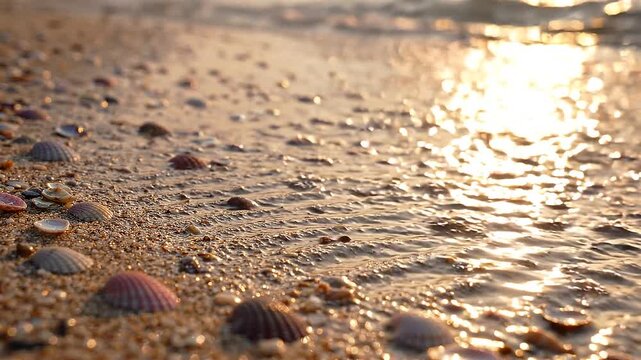 Fine sand ripples pattern on beach shore with small seashells, sand texture.