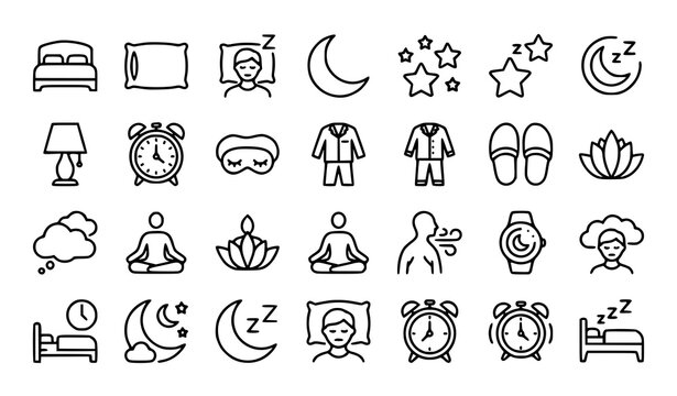 Healthy sleep and relaxation editable stroke line icon set featuring bedroom comfort dreams moon alarm insomnia meditation bedtime and sleep tracking