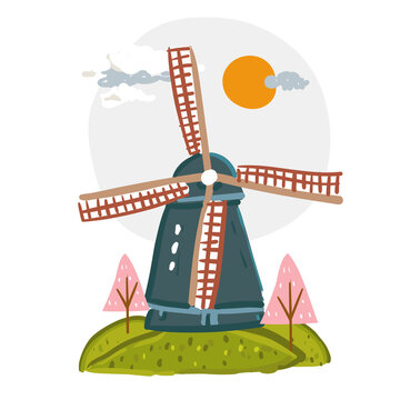 Hand drawn vector illustration of traditional Dutch windmill landmark