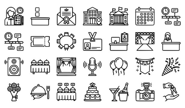 Event management editable line icon collection featuring planning schedules venues invitations RSVP registration seating entertainment catering decorations and services