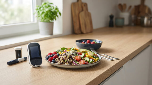 Generic diabetic testing device beside healthy high fiber lunch on kitchen counter with copyspace
