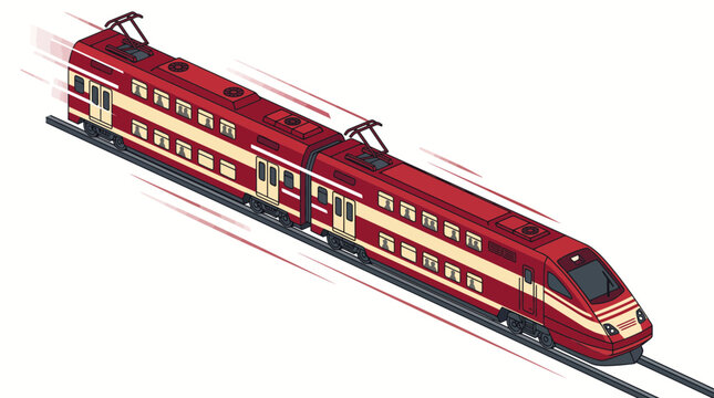 Modern double decker high speed passenger train traveling on railway tracks for public transportation graphic design