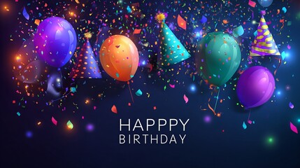 Naklejka premium Happy birthday greeting card with colorful balloons and confetti