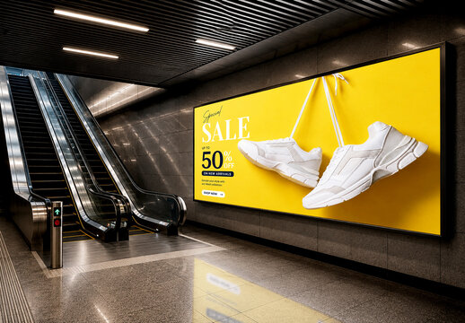 Indoor Billboard Mockup Next to Escalator in Subway Station