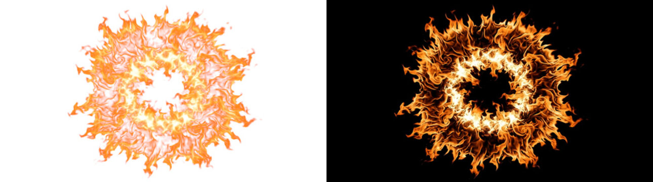 Circular bonfire flame ring ragged fire frame cutout with real transparency for graphic design