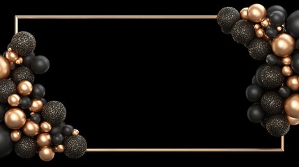 Naklejka premium Elegant gold frame with balloons and celebration decorations on black background 