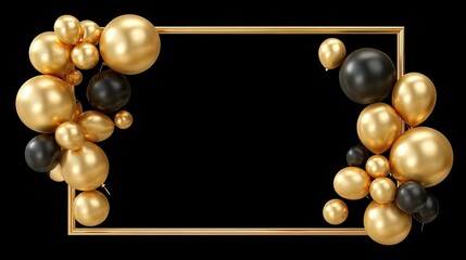 Naklejka premium Elegant gold frame with balloons and celebration decorations on black background 