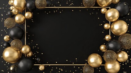 Naklejka premium Elegant gold frame with balloons and celebration decorations on black background 