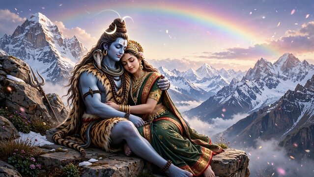 Shiva and Parvati Embrace in Himalayan Pradosh Vrat Scene