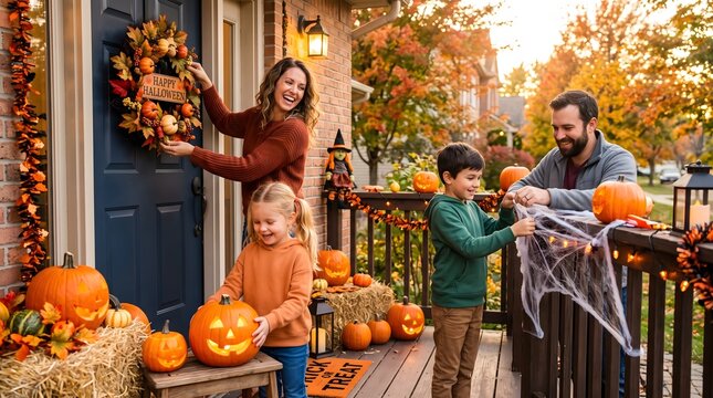 Happy Family Decorating Front Porch for Halloween.