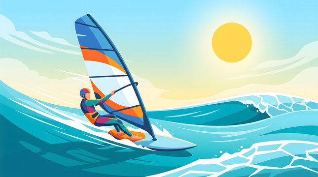 Windsurfer Riding Across Blue Ocean Waves on a Sunny Summer Day