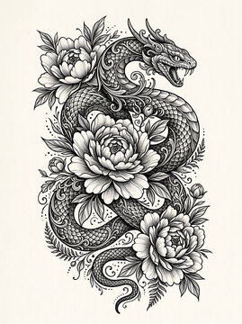 Snake and peony flower tattoo illustration, black and white ink drawing design