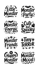 Fototapeta premium Set of cute halloween monster typography designs with decorative elements for holiday apparel and greeting cards