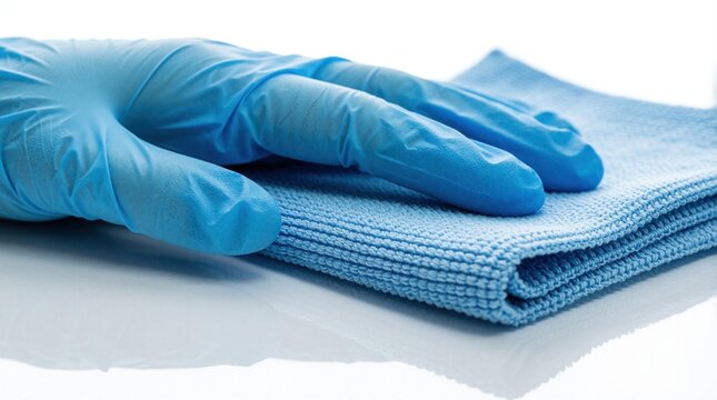 Blue medical glove touches soft microfiber cloth on clean sterile white surface. Basic hygiene and sanitation concept, disinfection tool for surface cleaning.
