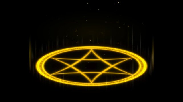 Golden Magic Circle Summoning Ritual with Amber Neon Runes Igniting and Rising Light Curtain on Black Background Luma Key 4K UHD
