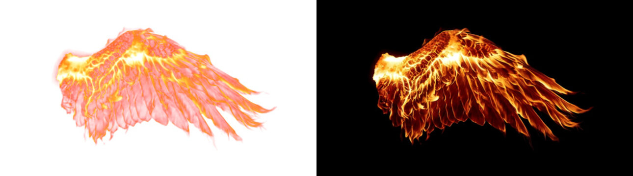 Folded Burning Single Wing of Dense Ember Joints and Golden Flame Crests Fire Cutout Overlay with Real Alpha