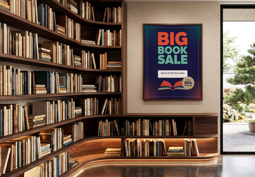 Poster Mockup Hanging on Wall in Modern Library or Bookstore