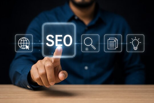 Hand pressing glowing seo button with icons on dark background