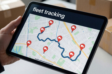 Obraz na płótnie Canvas Hand holds tablet showing fleet tracking app with digital map. Logistics manager monitors delivery truck routes, real time GPS locations on screen. Smart technology tracks cargo movement,