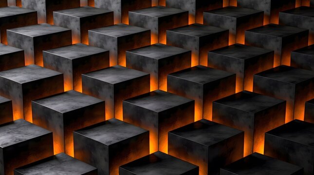 Abstract background of dark metallic cubes with glowing orange light