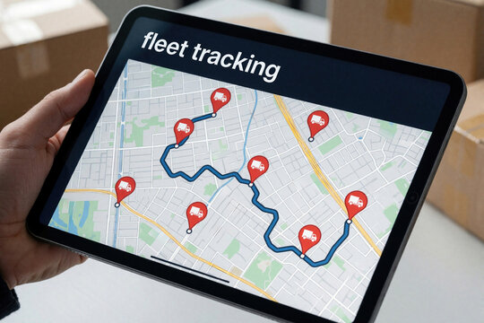 Hand holds tablet showing fleet tracking app with digital map. Logistics manager monitors delivery truck routes, real time GPS locations on screen. Smart technology tracks cargo movement,