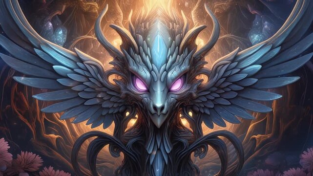 A mystical creature with glowing purple eyes and intricate blue wings is presented in a triptych.