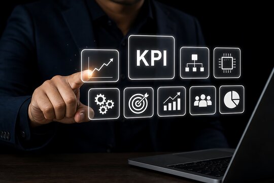 Person touching kpi dashboard with glowing metrics icons on dark background